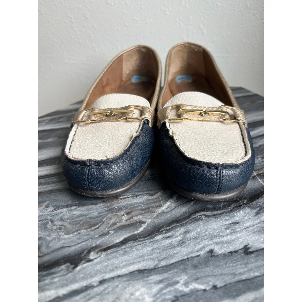 Aerosoles Manuscript Navy‎ Cream Gold Horsebit Loafers Shoes Womens 7.5 M